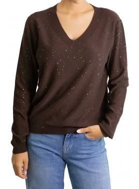 Maglioncino tinta unita con brillantini con scollo a V